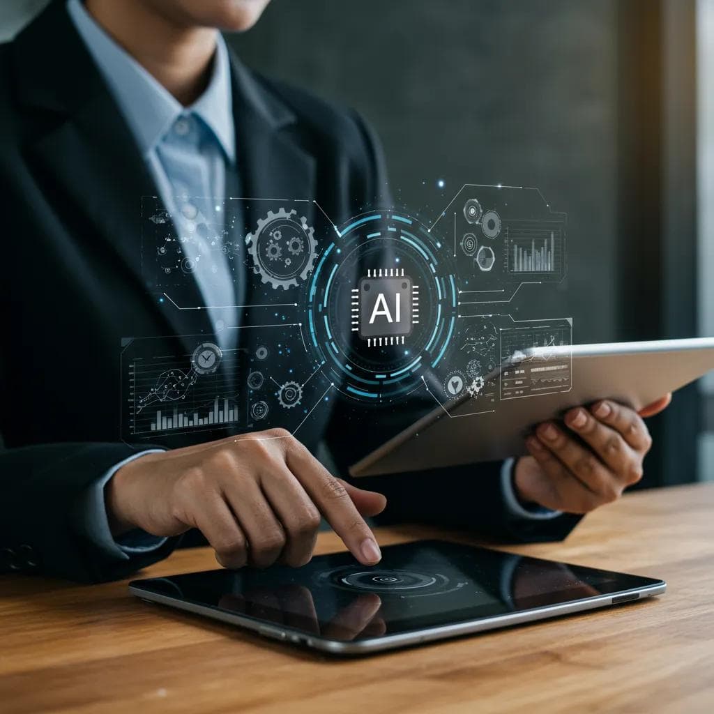 Business professional using AI tools on a tablet, representing the transformation of sales strategies through automation