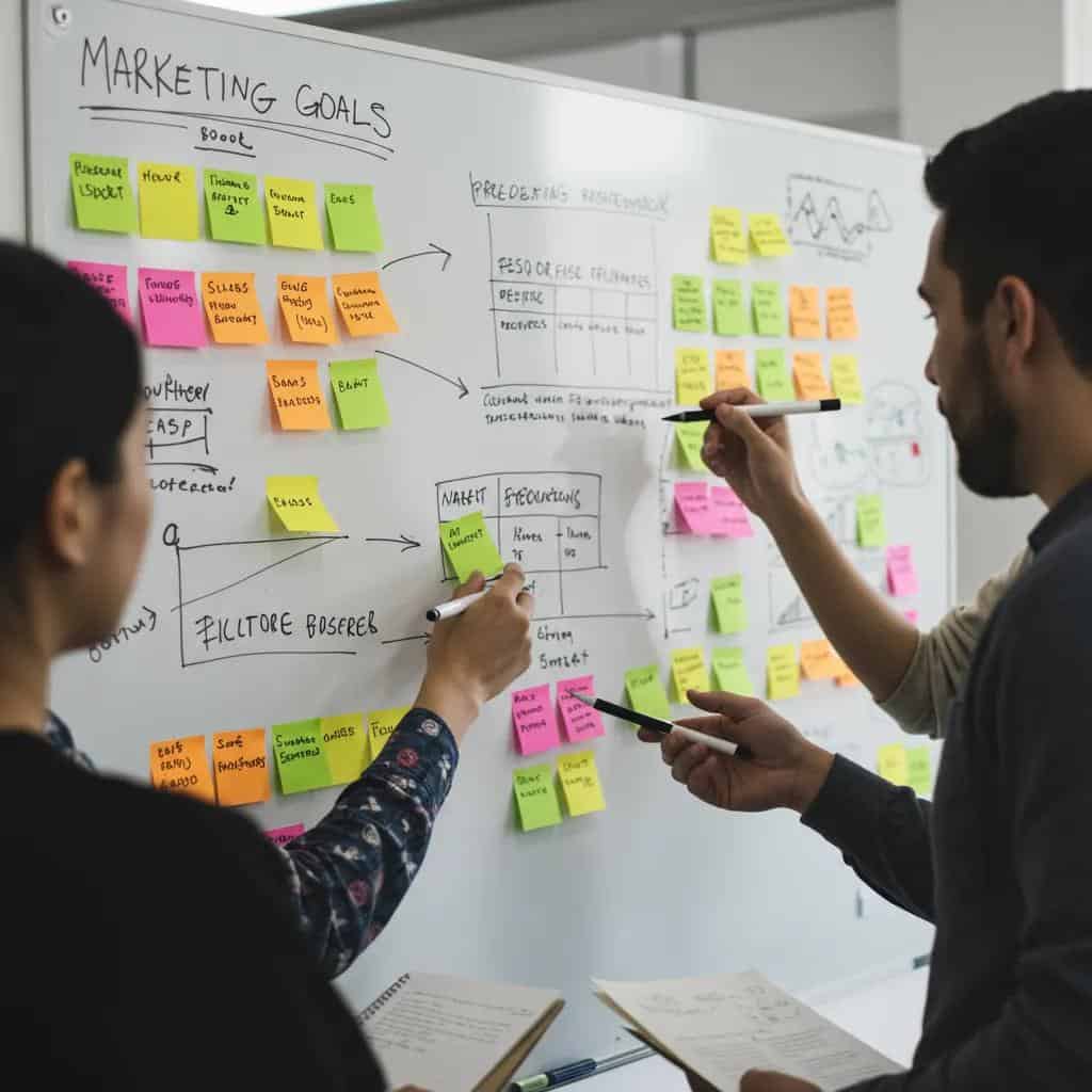 Business team brainstorming marketing goals with sticky notes and diagrams on a whiteboard